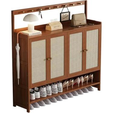 Imagem de LGEOELIAS Armário de sapatos de bambu com ganchos e portas, organizador de sapatos estreito para corredor, sala de estar, quarto