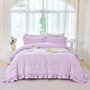 Imagem de ANGIYUIN Jogo de cama solteiro com 5 peças, roxo, com babados, lavanda e lençol com lençol de casa de fazenda de cor sólida para meninas e crianças (solteiro roxo)