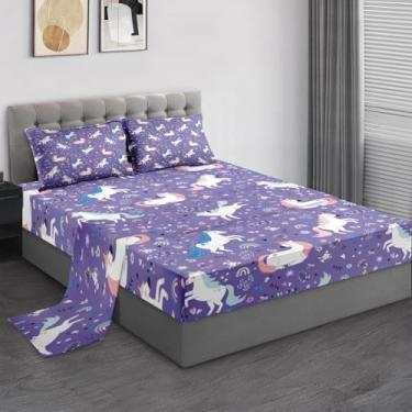 Imagem de Pamnest Jogo de lençol casal, unicórnio roxo fofo, 4 peças, decoração de quarto de crianças e adultos, lençol com elástico e 2 fronhas