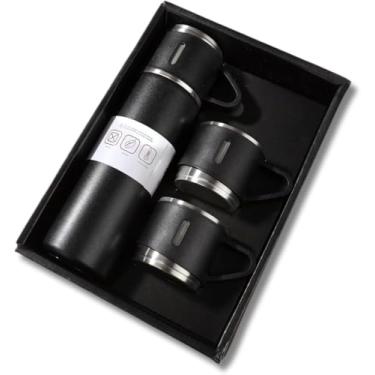 Imagem de Garrafa térmica isolada 500ML Inox à prova de vazamento com 3 xícaras/Canecas de café ou água para sua viagem, acampamento, trabalho, escola e faculdade para bebidas quentes e frias (Preto)