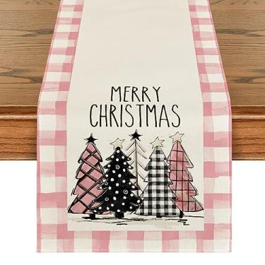 Imagem de Artoid Mode Caminho De Mesa Natal Xadrez Rosa Aquarela Com Árvores Natal, Decoração Sazonal Inverno Para Cozinha E Jantar, Festas Internas Externas, 33 X 228 Cm