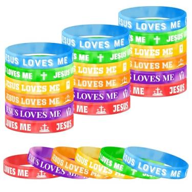Imagem de Lesnala 48 pulseiras Jesus Loves Me, 6 estilos, pulseiras religiosas coloridas de silicone, pulseiras de borracha com cruz cristã para homens, mulheres, crianças, adultos, Bíblia motivacional, escola