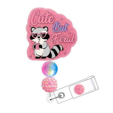 Imagem de Horee Carretel de crachá retrátil com clipe jacaré, porta-cartão de identificação de enfermeira de acrílico com glitter, design engraçado rosa brilhante (fofo, mas selvagem)