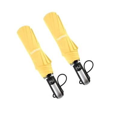 Imagem de Guarda-chuva de viagem TradMall, pacote com 2, à prova de vento, com 10 reforços de fibra de vidro, 106,6 cm, grande, alça ergonômica, abre e fecha automaticamente, Amarelo, Medium