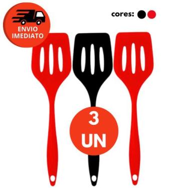 Imagem de Kit Espátula Vazada Silicone Maciço 28,6cm Fritura Lanche Escoar Drena