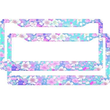 Imagem de HOSNYE Moldura colorida de placa de licença com estampa floral, rosa, roxo, azul, metal, 2 peças, 2 furos, preto, licenças, placas, molduras dianteiras, placas, capas de placa, moldura de etiqueta para carro, para mulheres, homens, veículos dos EUA