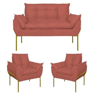 Imagem de Kit 02 Poltronas + Namoradeira Reforçada Opala Metal Dourado Rosa