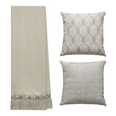 Imagem de Manta Para Sofá E Cama Grande 3 Metros Decorativa Com 2 Capas De Almofadas (MANTA BEGE- 1 CAPA CORDA NÁUTICA E 1 CAPA BEGE)