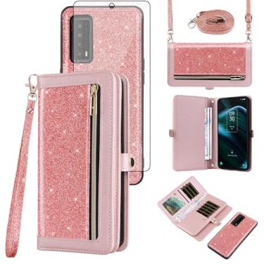 Imagem de Asuwish Capa de celular para TCL Stylus 5G 2022 com zíper carteira destacável com protetor de tela de vidro temperado alça com glitter flip porta-cartões TLC Stylo G5 6.81 T779W mulheres homens