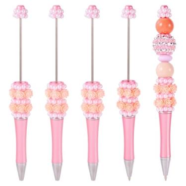 Imagem de Spritewelry 5 canetas com contas de flor de pérola, 5 peças, canetas de contas brilhantes de flores rosas chiques, faça você mesmo, caneta esferográfica de tinta preta de plástico para escritório
