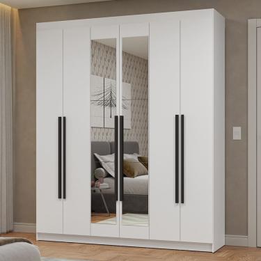 Imagem de Guarda-Roupa Casal 6 Portas Batentes com Espelho Branco/Branco/Preto Netuno Madesa