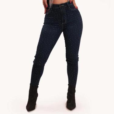 Imagem de Calça Jeans Skinny Azul Feminina Moda Country Bordada E Strass Brilhos