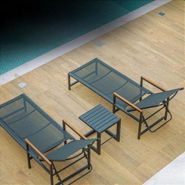 Imagem de Kit 2 Espreguiçadeiras de Piscina Amélia Tela Sling Braços de Madeira 