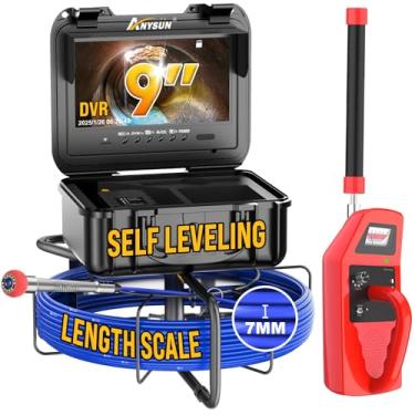 Imagem de anysun Câmera De Esgoto Autonivelante Com Localizador, Haste Pressão 7 Mm Mais Forte, Marcador Medidor, Cartão 32 Gb, Monitor Hd 9'', Inspeção Drenagem Tubos 100 Pés/30 M, Dvr Ip68, Boroscópio Indus