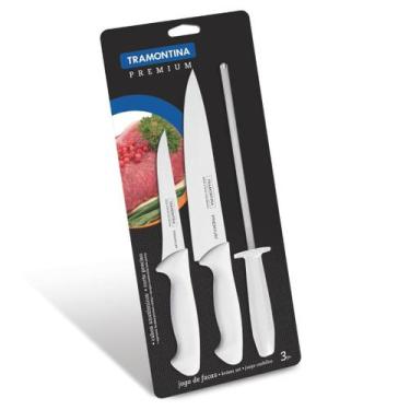 Imagem de Jogo de Facas com Chaira Premium em Aço inox 3 Peças Tramontina, Branc