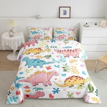 Imagem de Feelyou Conjunto de cama de dinossauro, macio para meninos e meninas, estampa de dinossauro 3D, solteiro, desenho animado, vida selvagem, edredom com estampa de galho, 2 peças com 1 fronha