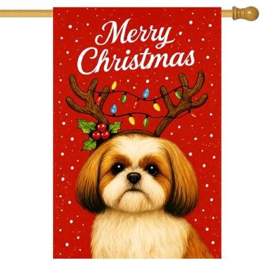 Imagem de BlissYard Merry Christmas Bandeira de jardim Fawn Great Dane Bandeira chifres de rena 71 x 101 cm Bandeiras grandes de quintal dupla face para amantes de cães varanda casa ao ar livre férias inverno