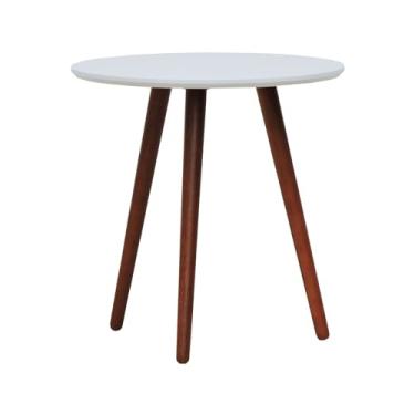 Imagem de Mesa Lateral Tripé Tampo MDF e Pés Madeira Eucalipto Maciço - Amêndoa - Branco