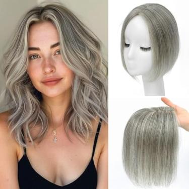 Imagem de Black and Pretty Toppers de cabelo humano para mulheres peças de cabelo humano real para mulheres 120% densidade clipe base suíça em 7 * 10 cm Remy Topper peças de cabelo 10 polegadas (cinza claro