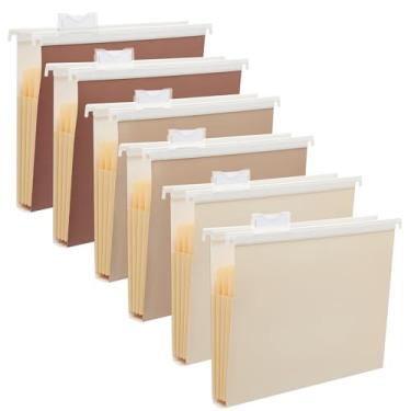 Imagem de Y YOMA Pacote Com 6 Pastas Suspensas De Capacidade Extra, Tamanho Carta, Cabide Plástico Removível, Pasta Sanfonada Decorativa Reforçada, Colorida E Expansível Abas Ajustáveis, Cor Mocha