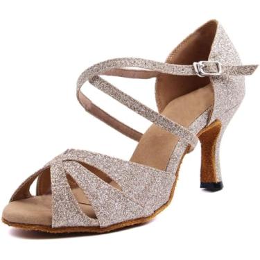 Imagem de Daing Shoes Moda Feminina Sapatos De Dança Profissional Salão De Baile Senhoras Glitter Tango Latino Salsa Cross Strap Salto Alto Sapatos De Dança Indoor, Champagne 7 5cm Heel, 3.5 UK