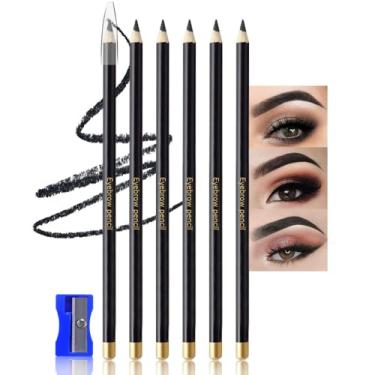 Imagem de 6 lápis de sobrancelha pretos para mulheres, lápis delineador de sobrancelha duro de madeira, apontador incluído, à prova d'água de longa duração, à prova de suor, cria uma maquiagem natural para