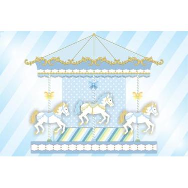 Imagem de Painel de Lona Carrossel Azul Trio de Cavalos - Fabrika de Festa, 300x
