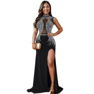 Imagem de Vestido sexy de strass Nagfar com fenda e malha transparente para mulh