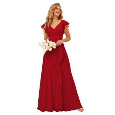 Imagem de Vestido de dama de honra TIRAS Ruffles Chiffon com decote em V vermelh