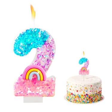Imagem de Velas com números de aniversário arco-íris para bolos, números de lantejoulas, 2 velas, enfeite de bolo, decorações de cupcake, suprimentos de festa com tema de arco-íris colorido, presentes de