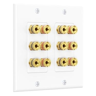 Imagem de Cable Matters Placa de parede com alto-falante duplo (placa de tomada banana) com poste de encadernação para 6 alto-falantes em branco