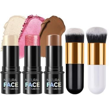 Imagem de Conjunto de 3 peças de bastão de contorno de creme mineral com 2 pincéis de maquiagem: iluminador e bronzeador de longa duração à prova d'água para iluminação facial e escultura de bochecha (ouro com