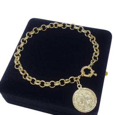 Imagem de Pulseira Elos Portugueses 6mm Medalha São Bento Banho De Ouro 18k 3191