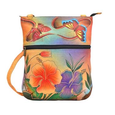Imagem de Anna by Anuschka Bolsa feminina de couro legítimo pintada à mão com cruz fina, Hibisco antigo, One Size