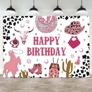 Imagem de ASDCXZ 2,1 x 1,5 m Pano de fundo rosa para fotografia de vaqueira ocidental com estampa de vaca de rodeio do oeste selvagem, bota, cacto, meninas, aniversários, festas, banquetes, adereços de cabine