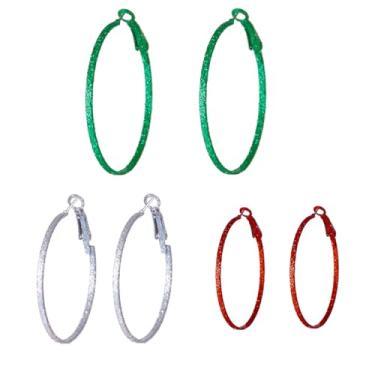 Imagem de Conjunto de brincos de argola de Natal com glitter para mulheres - Prata Vermelho Verde Infinito Argolas Redondas, Acessório de Roupas Festivas de Natal Big Huggie Pingente Brinco de Gota Jóias