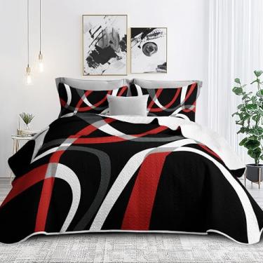 Imagem de Jogo de cama king size preto e vermelho com 2 fronhas, conjunto de edredom listrado moderno, padrão de linha, colcha cinza e vermelha, 246 x 266 cm