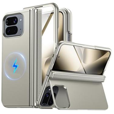 Imagem de CENMASO Capa magnética dobrável para Google Pixel 10 Pro com suporte, proteção de dobradiça, suporte oculto, protetor de tela, capa de telefone fina à prova de choque para Pixel 10 Pro Fold (titânio