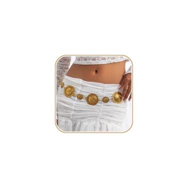 Imagem de Vpanda Cinto de corrente ocidental feminino coração concho corrente de cintura de metal cinto de vaqueira para vestidos jeans boho roupa country dourado, 3. Redondo dourado vintage, Fit Waist up to 44