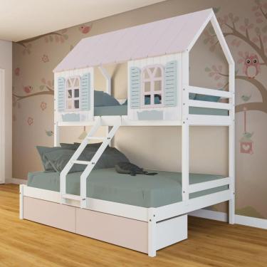 Imagem de Beliche Casal/ Solteiro Casinha Bela 02 Gavetas Rosa - Madeira Maciça Branco/Rosa/Verde | Megamobilia