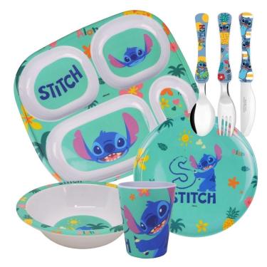 Imagem de Jogo Refeição Infantil Melamina Stitch Disney 7 Peças Pratos, Copo E Talheres Inox - Tuut