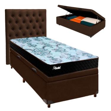 Imagem de Cama Box Bau + Colchão Solteiro Molas Ensacadas Life Gold Paropas + Cabeceira Estofada