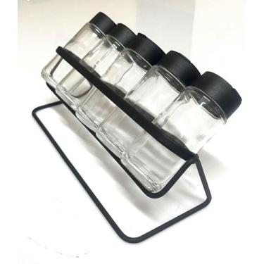 Imagem de Porta Tempero Condimento 5 Potes Vidro Tampa Dosadora Suporte Preto Or