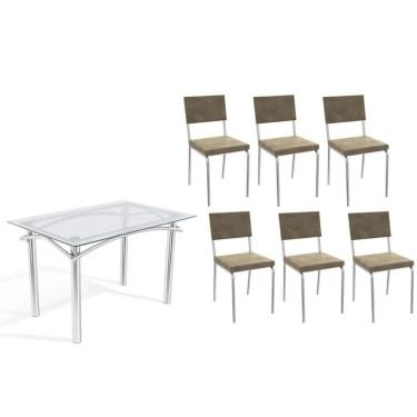 Imagem de Conjunto: Mesa Sala Jantar Elba C- Tampo De Vidro 120cm E 6 Cadeiras Zaria Cromada - Suede Bege - Kappesberg