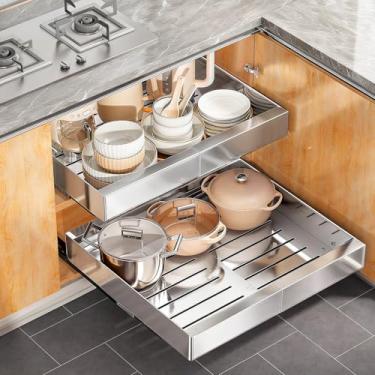 Imagem de Organizador de armário removível, aço inoxidável expansível (30,5 cm a 50,8 cm) Gavetas deslizantes resistentes fixas com nano filme adesivo para panelas, prateleira de armazenamento para armário de