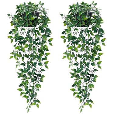Imagem de Waipfaru 2 peças de plantas falsas penduradas com vaso folhas de eucalipto verde-escuro resistentes a UV, plantas artificiais de hera, plantas artificiais ao ar livre, plantas falsas para ambientes
