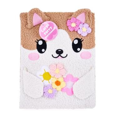 Imagem de Caderno de desenho de gatos de jardim de flores – Caderno peludo de pelúcia de 20 x 28 cm com flores 3D, design de gato fofo para crianças, adolescentes e diários criativos