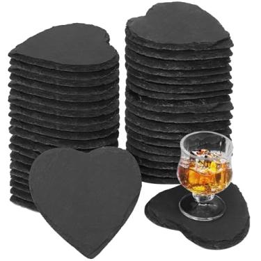 Imagem de Pacote com 40 porta-copos de ardósia de coração de 10 cm, porta-copos de pedra preta com fundo antiarranhões, ideal para decoração de casa, bar, presentes de inauguração de casa e gravação a laser