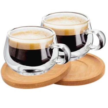 Imagem de Xicaras Vidro Duplo Com Pires Caneca Parede Dupla 2un 150ml - Majestic