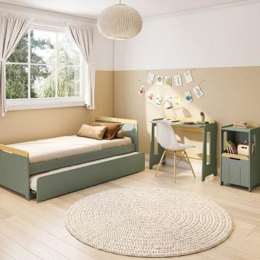 Imagem de Conjunto Quarto Completo Bicama com LED, Escrivaninha e Estante Petit Casatema MadeiraOriginals Verde/Mel